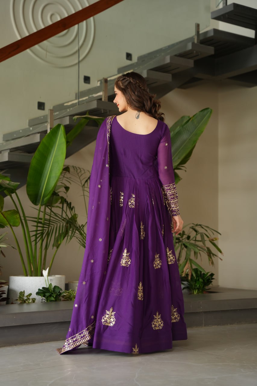 Purple & Rama Premium Readymade Gown with Duppatta