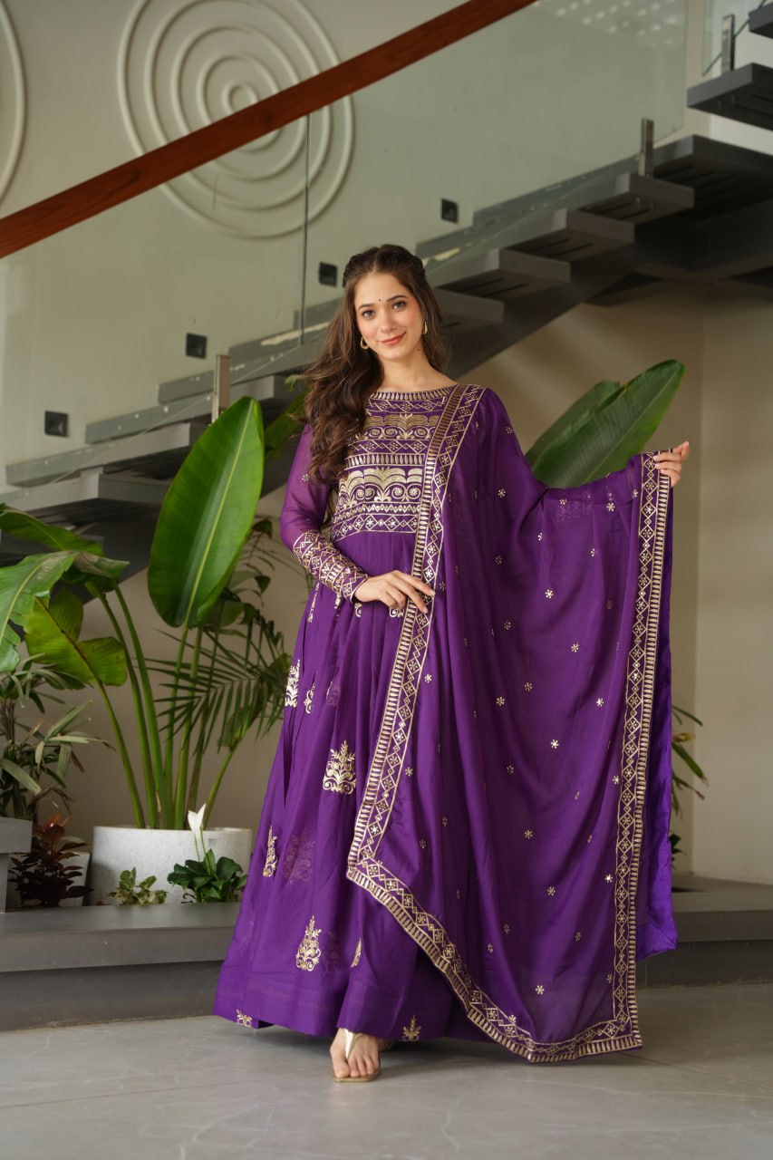 Purple & Rama Premium Readymade Gown with Duppatta