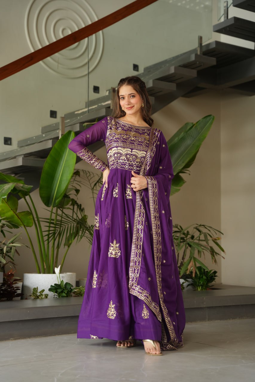 Purple & Rama Premium Readymade Gown with Duppatta