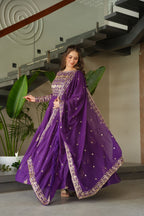 Purple & Rama Premium Readymade Gown with Duppatta