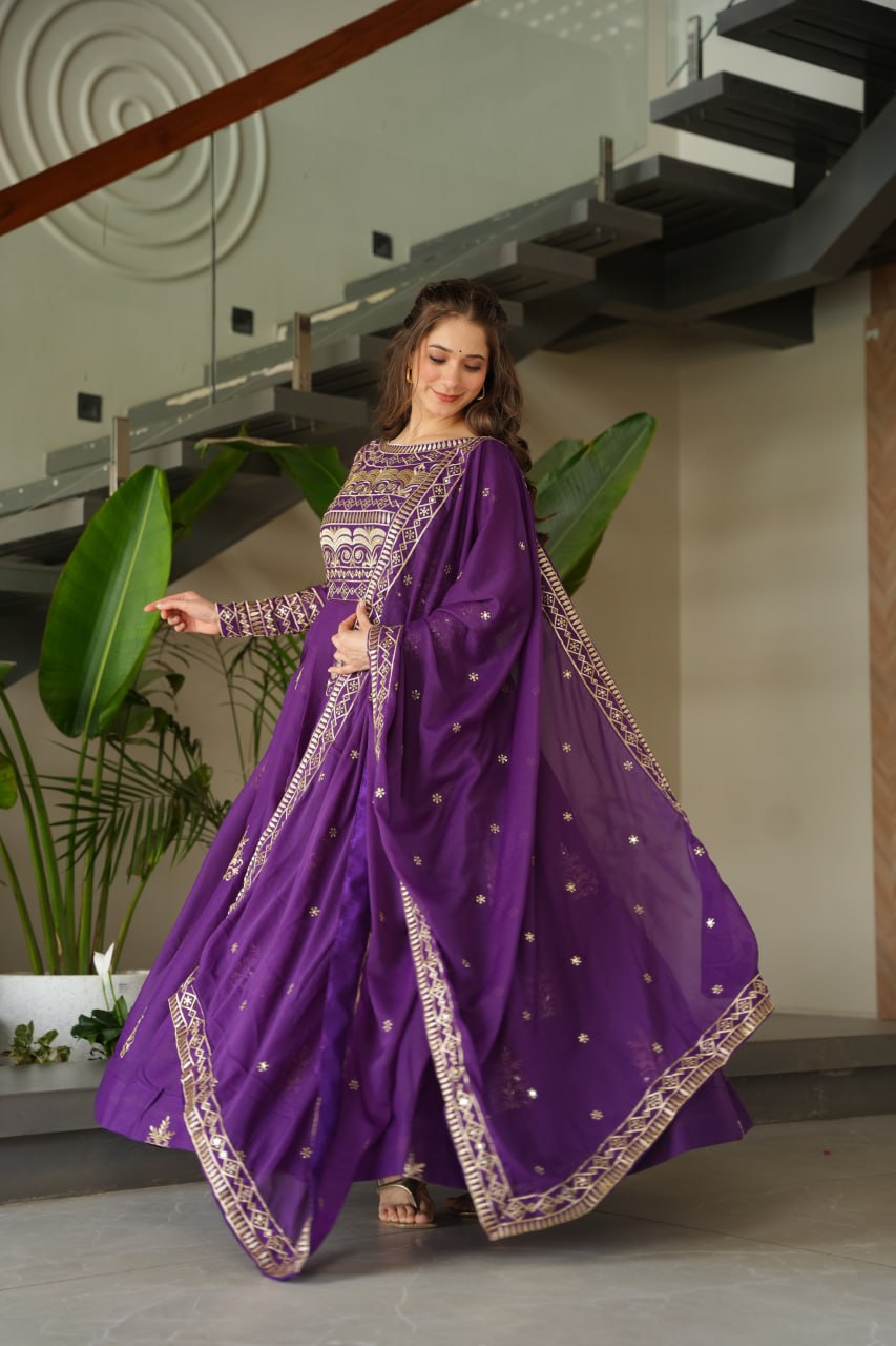 Purple & Rama Premium Readymade Gown with Duppatta