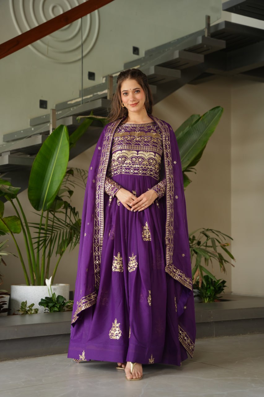 Purple & Rama Premium Readymade Gown with Duppatta