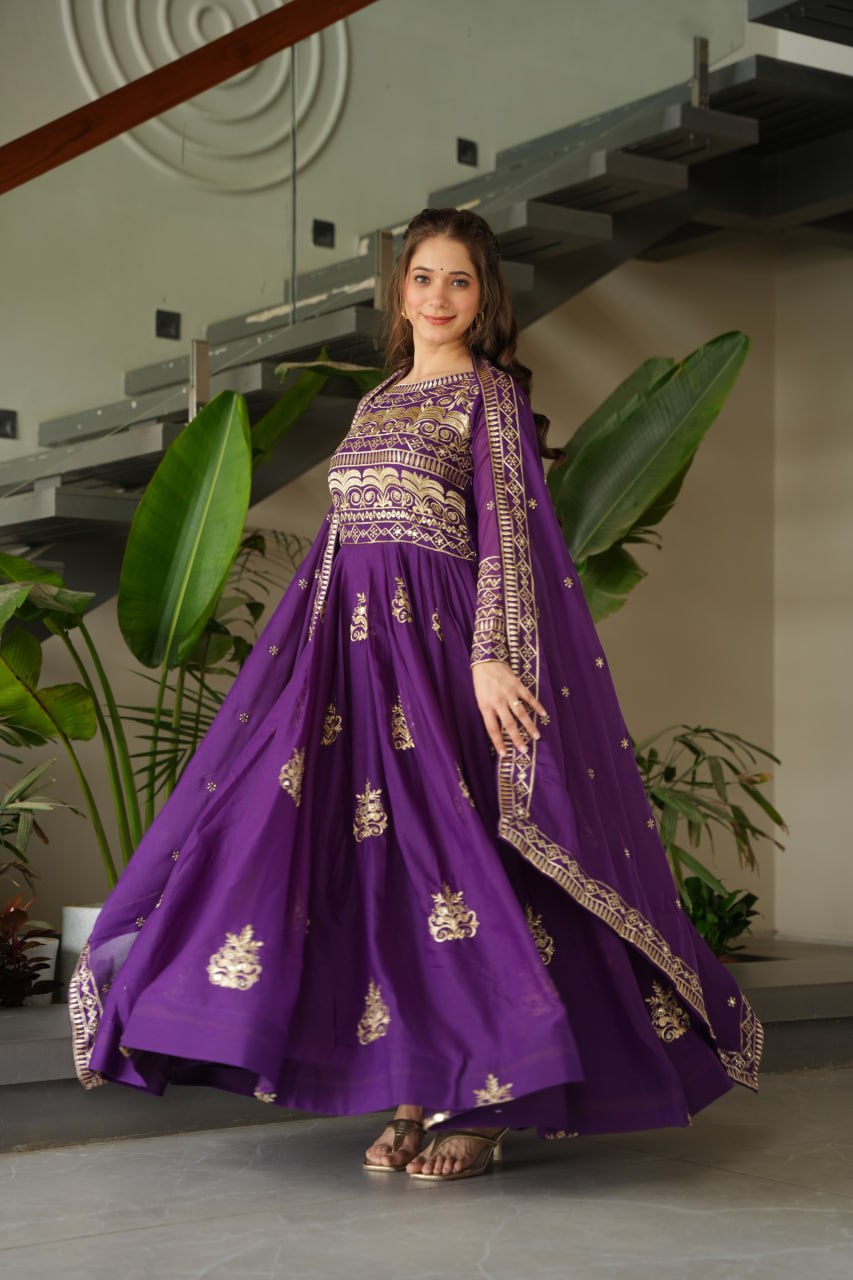 Purple & Rama Premium Readymade Gown with Duppatta