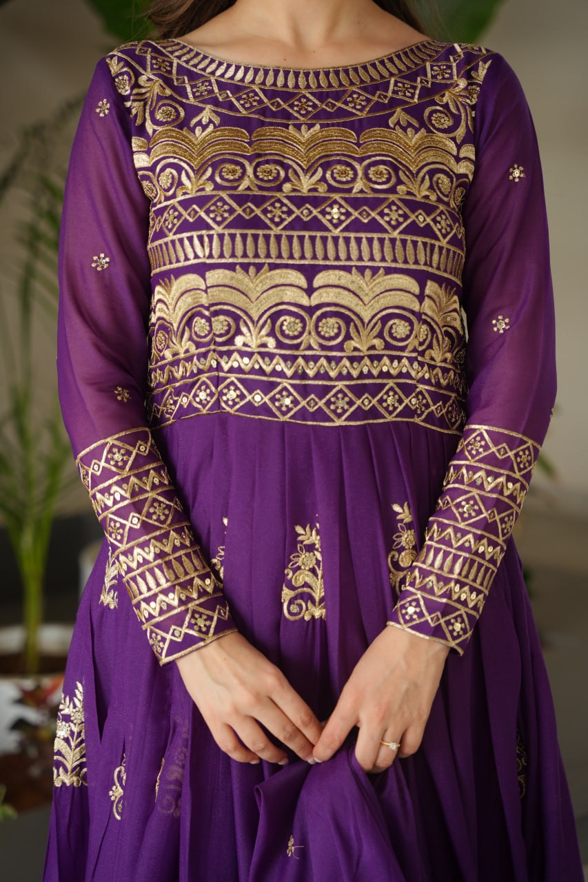 Purple & Rama Premium Readymade Gown with Duppatta