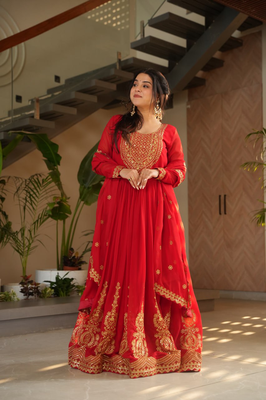 Yellow & Red Premium Designer Readymade GOWN