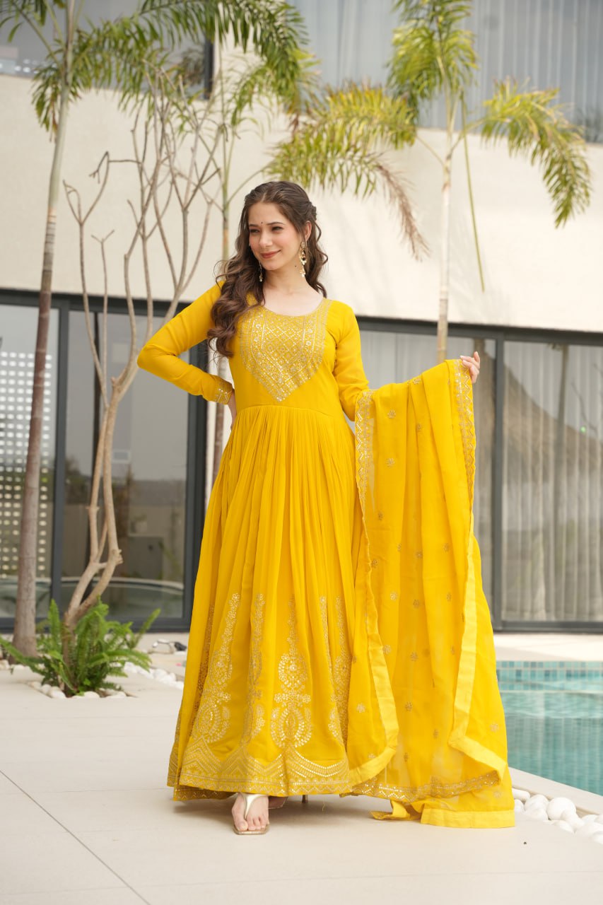 Yellow & Red Premium Designer Readymade GOWN