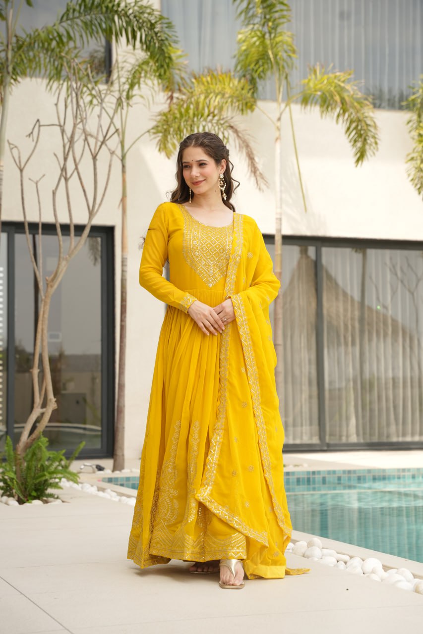 Yellow & Red Premium Designer Readymade GOWN